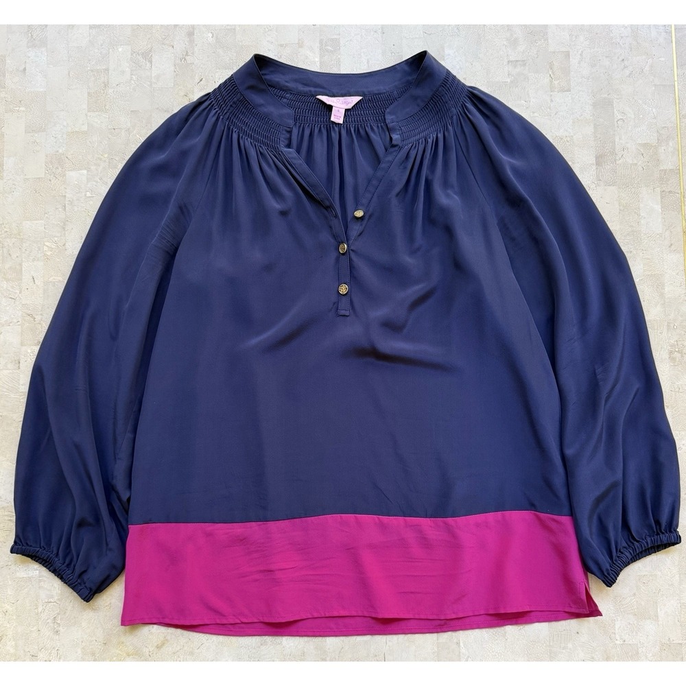 Lilly Pulitzer SILK Navy Pink Elsa Color Block Blouse  Shirt Preppy Boho Sz S‎